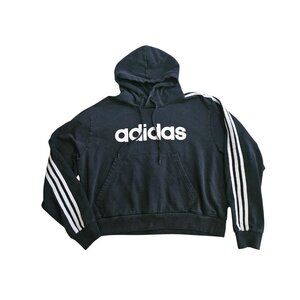 adidas Women's Black Hoodie Size L White Stripes Logo Pullover Sweatshirt